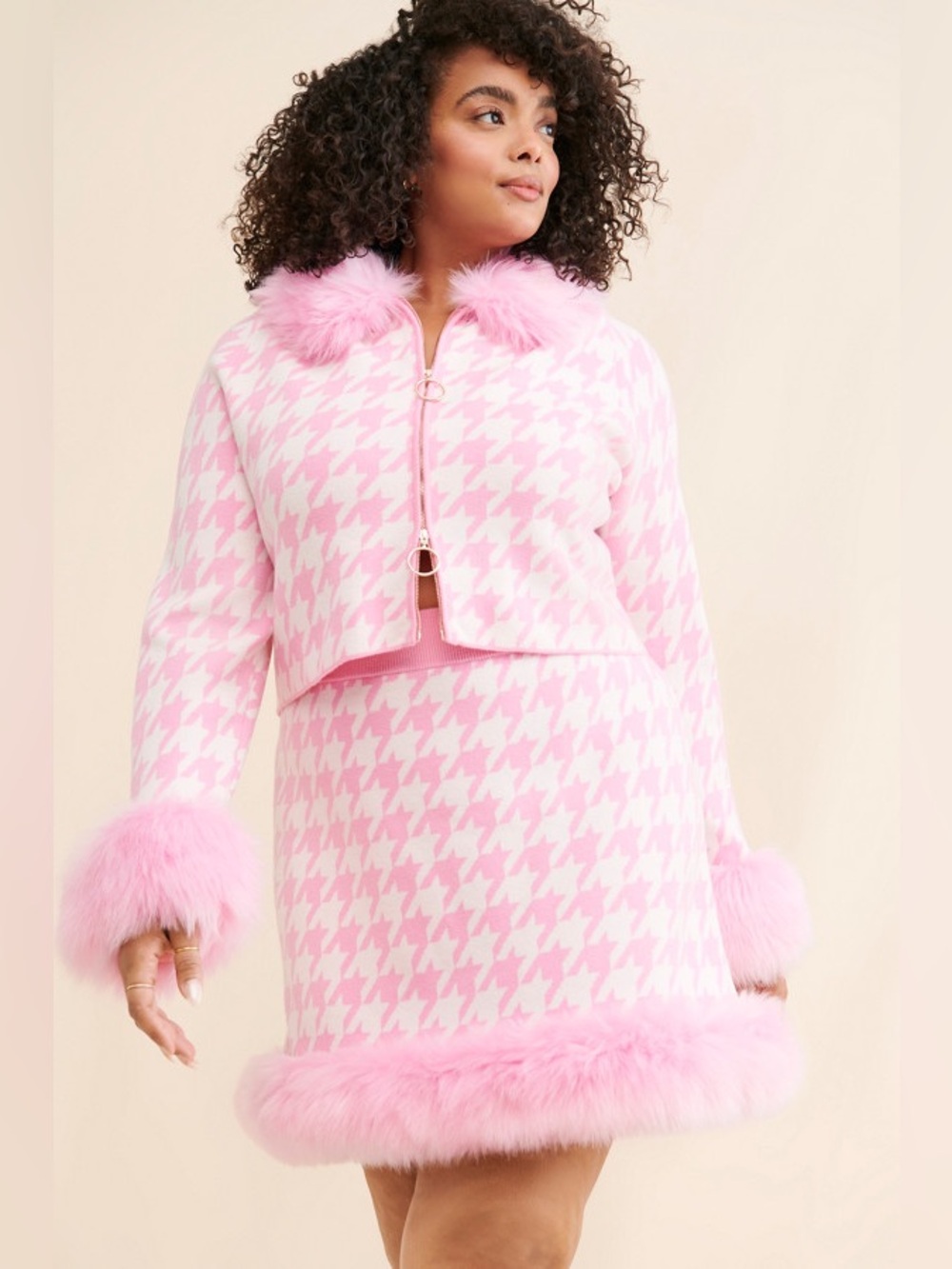 Show Me Your Mumu Fran Knit Mini Skirt Pink Houndstooth Faux Fur Size L